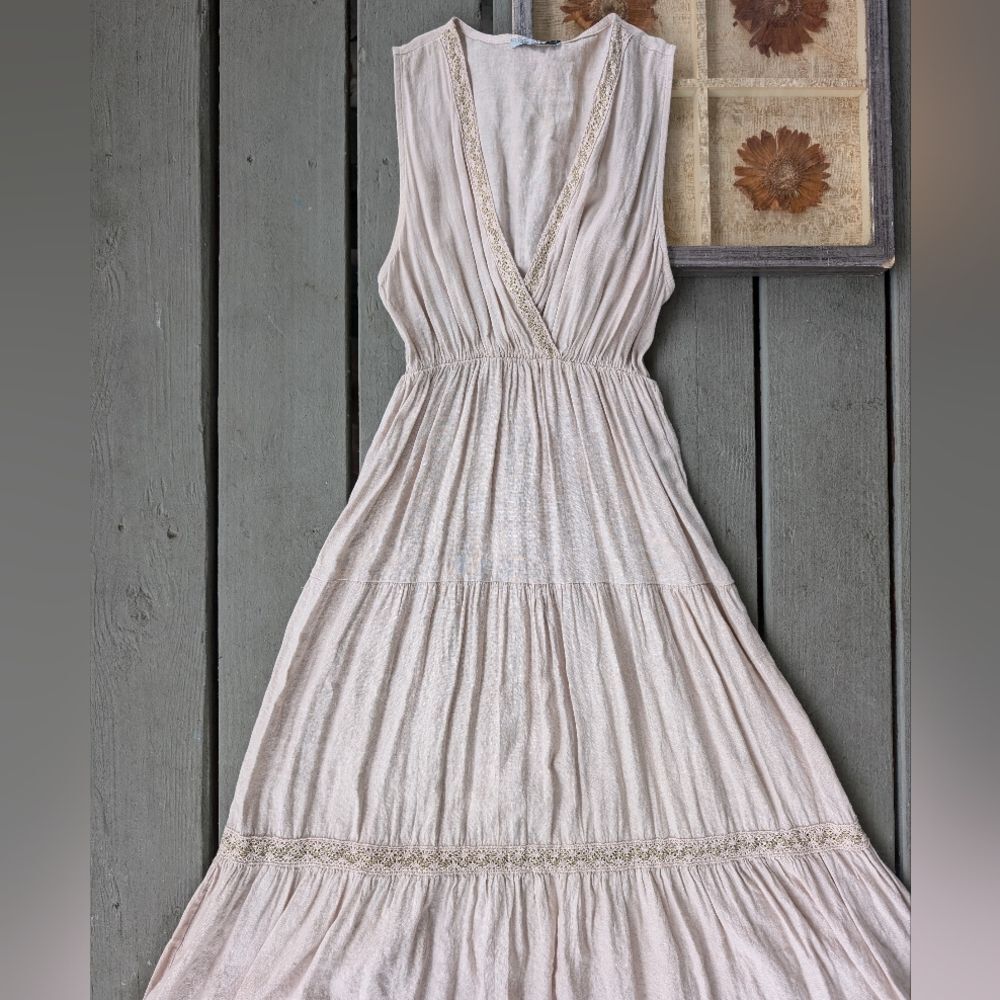 Elena Baldi Beige Linen Embroidered V-Neck Tiered‎ Sleeveless Midi Dress Size M - Picture 5 of 7
